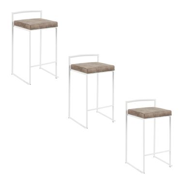Fuji 26 Inch Cowboy Fabric Cushion Stackable Counter Stool Set of 3 In White and Brown