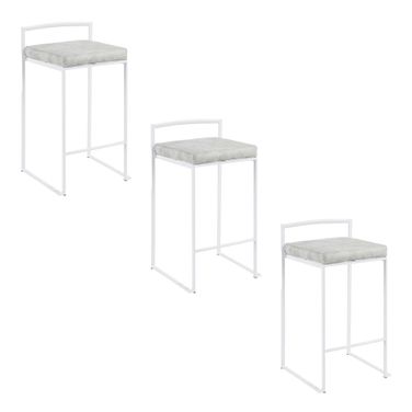 Fuji 26 Inch Cowboy Fabric Cushion Stackable Counter Stool Set of 3 In White and Light Grey