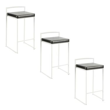 Fuji 26 Inch Faux Leather Cushion Stackable Counter Stool Set of 3 In White and Black