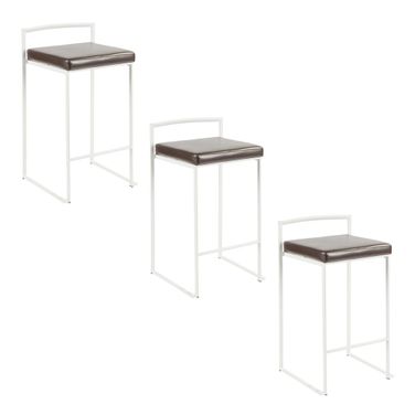 Fuji 26 Inch Faux Leather Cushion Stackable Counter Stool Set of 3 In White and Brown