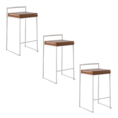 Fuji 26 Inch Faux Leather Cushion Stackable Counter Stool Set of 3 In White and Camel