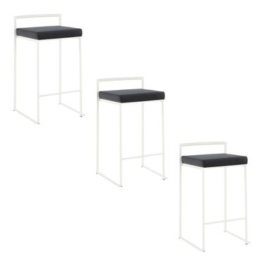 Fuji 26 Inch Velvet Cushion Stackable Counter Stool Set of 3 In White and Black