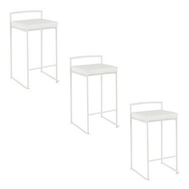 Fuji 26 Inch Velvet Cushion Stackable Counter Stool Set of 3 In White