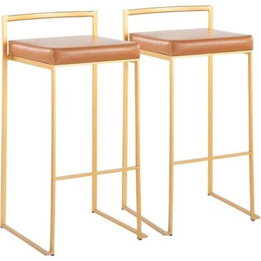Fuji Contemporary Barstool In Gold With Camel Faux Leather - Set Of 2