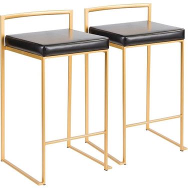 Fuji Contemporary-Glam Counter Stool In Gold With Black Faux Leather - Set Of 2