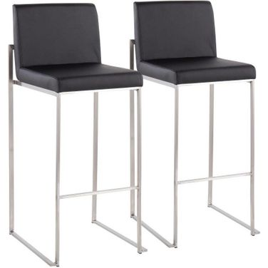 Fuji Contemporary High Back Barstool In Stainless Steel And Black Faux Leather - Set Of 2