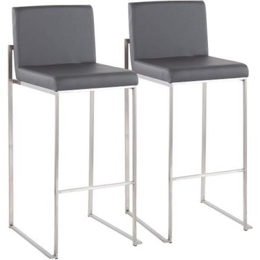 Fuji Contemporary High Back Barstool In Stainless Steel And Grey Faux Leather - Set Of 2