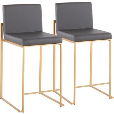 Fuji Contemporary High Back Counter Stool In Gold Steel And Grey Faux Leather - Set Of 2