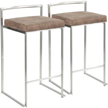Fuji Contemporary Stackable Counter Stool In Stainless Steel With Brown Cowboy Fabric Cushion - Set Of 2