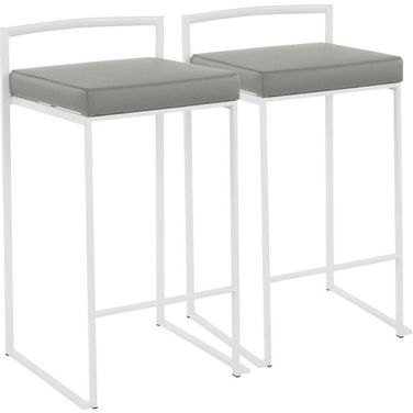 Fuji Contemporary Stackable Counter Stool In White With Grey Faux Leather Cushion - Set Of 2