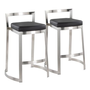 Fuji Dlx Faux Leather Cushion Counter Stool Set of 2 In Black and Stainless Steel