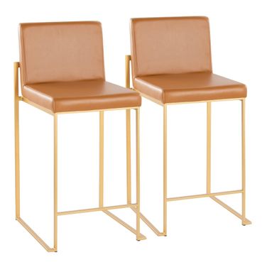 Fuji High Back 26 Inch Fixed Height Counter Stool Set of 2 In Camel and Gold
