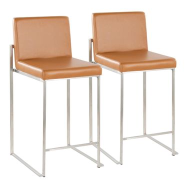 Fuji High Back 26 Inch Fixed Height Counter Stool Set of 2 In Stainless Steel and Camel
