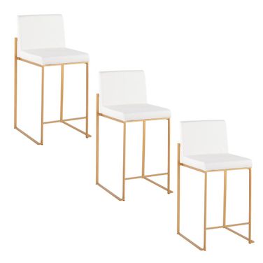 Fuji High Back 26 Inch Fixed Height Counter Stool Set of 3 In Gold and White