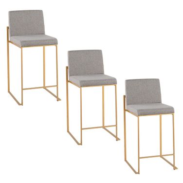 Fuji High Back 26 Inch Fixed Height Counter Stool Set of 3 In Grey and Gold