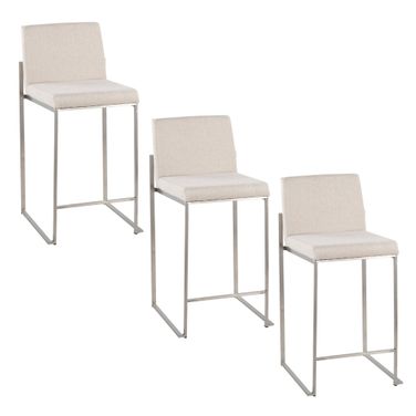 Fuji High Back 26 Inch Fixed Height Counter Stool Set of 3 In Stainless Steel and Beige