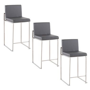 Fuji High Back 26 Inch Fixed Height Counter Stool Set of 3 In Stainless Steel and Grey