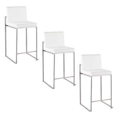 Fuji High Back 26 Inch Fixed Height Counter Stool Set of 3 In White and Stainless Steel