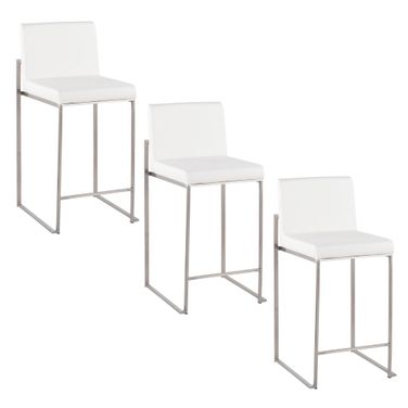 Fuji High Back 26 Inch Fixed Height Counter Stool Set of 3 In White and Stainless Steel