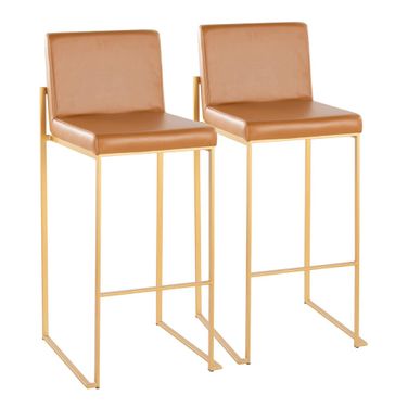 Fuji High Back 30 Inch Fixed Height Barstool Set of 2 In Camel and Gold