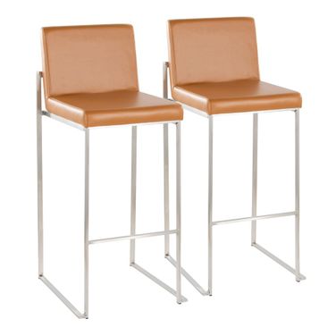 Fuji High Back 30 Inch Fixed Height Barstool Set of 2 In Stainless Steel and Camel