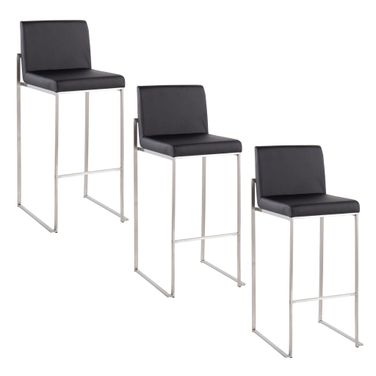 Fuji High Back 30 Inch Fixed Height Barstool Set of 3 In Black and Stainless Steel