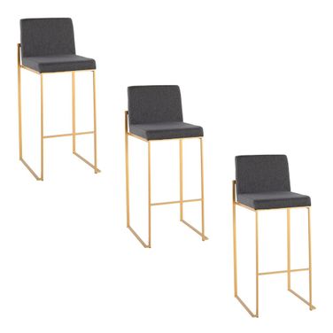 Fuji High Back 30 Inch Fixed Height Barstool Set of 3 In Charcoal and Gold