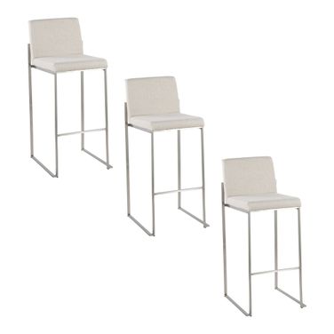 Fuji High Back 30 Inch Fixed Height Barstool Set of 3 In Stainless Steel and Beige