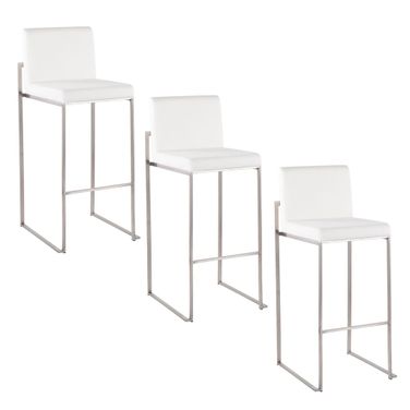 Fuji High Back 30 Inch Fixed Height Barstool Set of 3 In White and Stainless Steel
