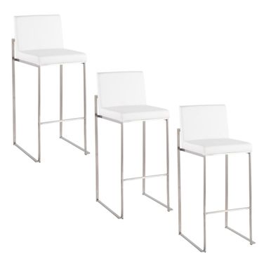 Fuji High Back 30 Inch Fixed Height Barstool Set of 3 In White and Stainless Steel