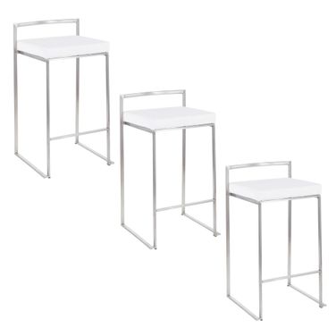 Fuji Stacker 26 Inch Fixed Height Counter Stool Set of 3 In Brushed and White
