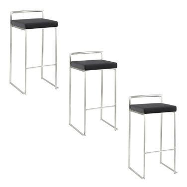 Fuji Stacker 30 Inch Fixed Height Barstool Set of 3 In Black and Stainless Steel