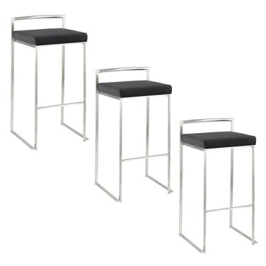 Fuji Stacker 30 Inch Fixed Height Barstool Set of 3 In Black and Stainless Steel