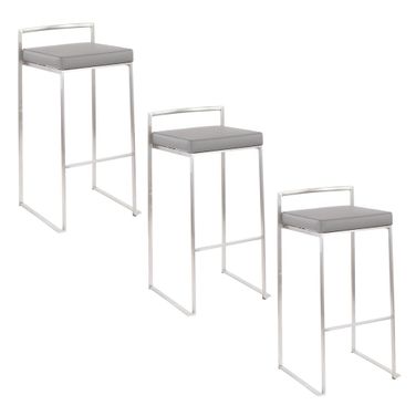 Fuji Stacker 30 Inch Fixed Height Barstool Set of 3 In Brushed Grey