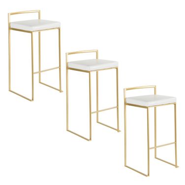 Fuji Stacker 30 Inch Fixed Height Barstool Set of 3 In Gold and White
