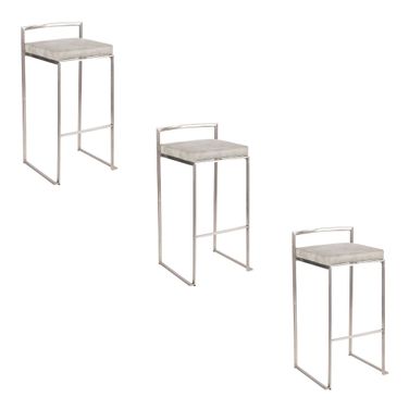 Fuji Stacker 30 Inch Fixed Height Barstool Set of 3 In Stainless Steel and Light Grey