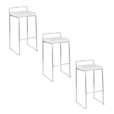 Fuji Stacker 30 Inch Fixed Height Barstool Set of 3 In White and Stainless Steel