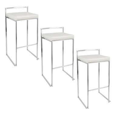 Fuji Stacker 30 Inch Fixed Height Barstool Set of 3 In White and Stainless Steel