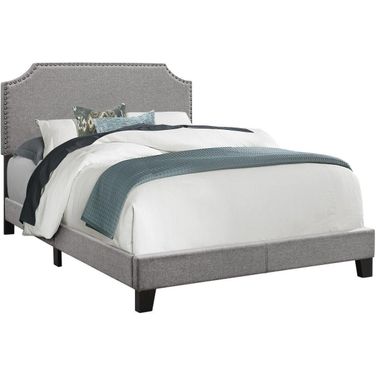 Full Size Bed In Grey Linen With Chrome Trim
