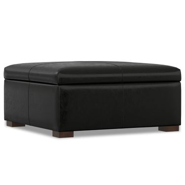 Gabbie Faux Leather Square Coffee Table Storage Ottoman In Midnight Black