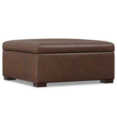Gabbie Vegan Faux Leather Square Coffee Table Storage Ottoman In Distressed Chestnut Brown