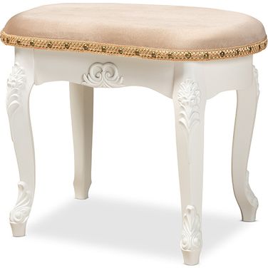 Gabrielle Traditional French Country Provincial Sand Velvet Fabric Upholstered White-Finished Wood Vanity Ottoman