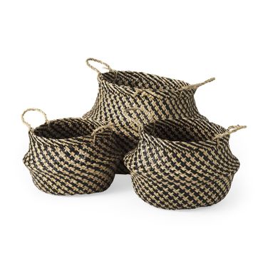 Gaia Cross Patterend Belly Seagrass Basket Set of 3 In Light and Dark Brown
