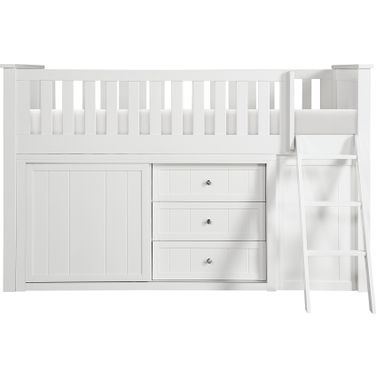 Galen Twin Low Loft Bunk with Bookcase and Dresser In White