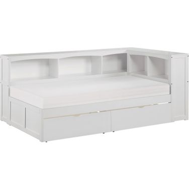 Galen Twin Bookcase Corner Bed with Storage Boxes In White