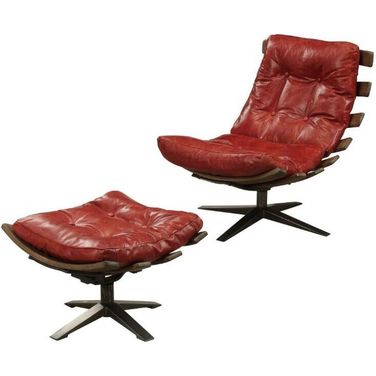 Gandy Antique Red Leather Chair with Ottoman