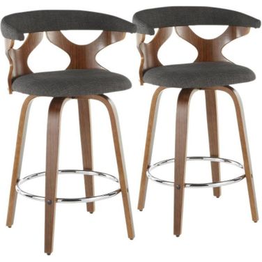 Gardenia Mid-Century Modern Counter Stool In Walnut And Charcoal Fabric - Set Of 2