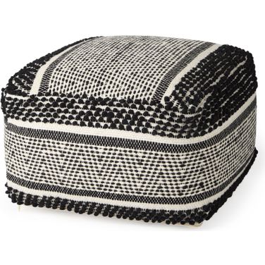 Garima Wool and Cotton Patterned Pouf In Black and White