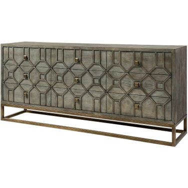 Genevieve Ii Gray Fir Veneer With Gold Metal Frame Base 9 Drawer Sideboard