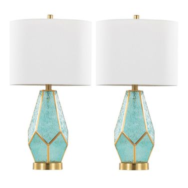 Geo Rain Glass 25 Inch Table Lamp Set of 2 In Turquoise and White